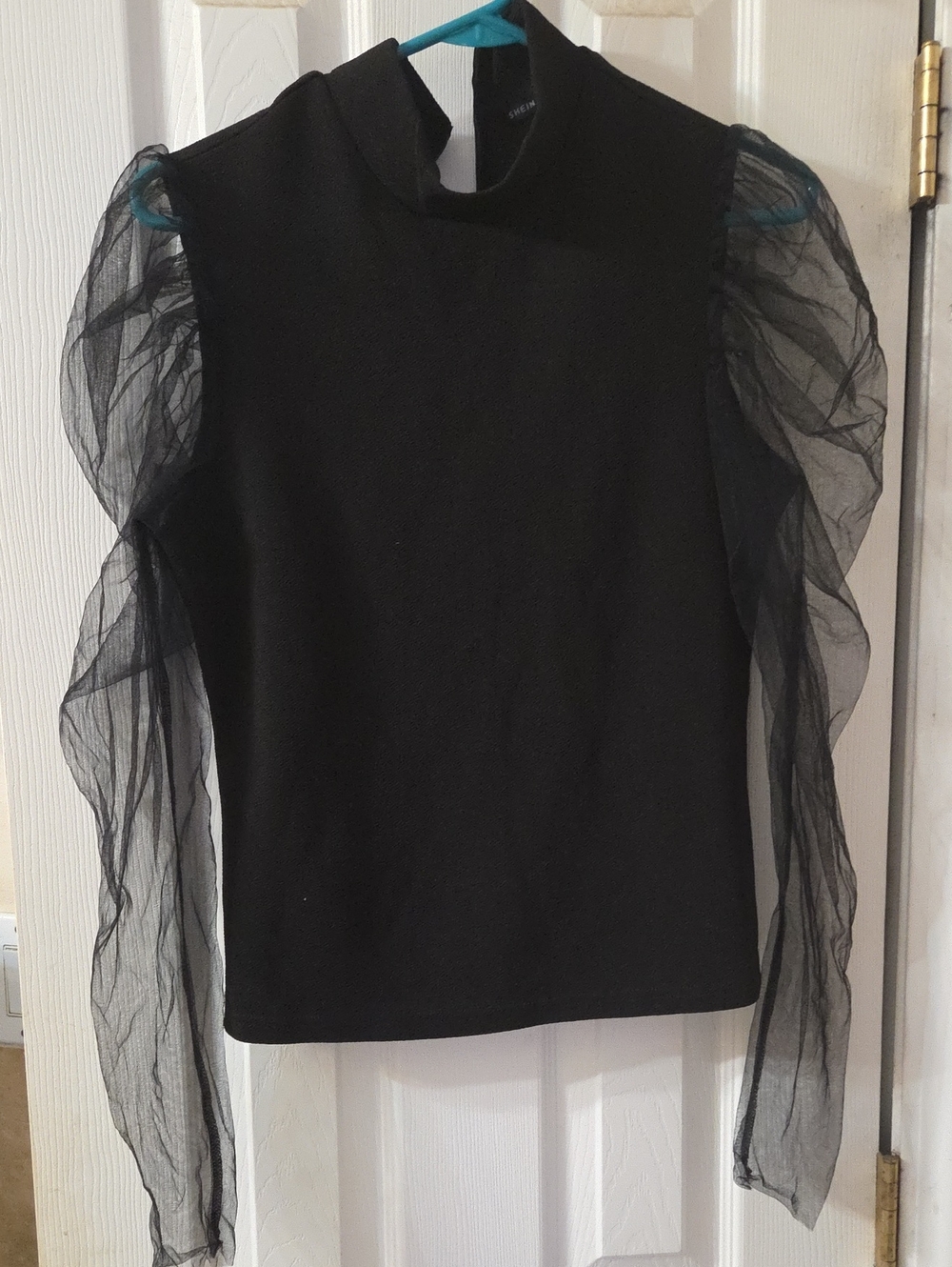 SHEIN Black Tulle Puff-Sleeve Mock Neck Top